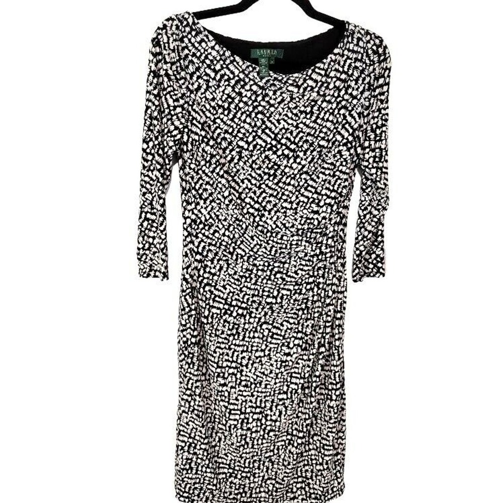Lauren Ralph Lauren Black‎ White Abstract Ruched Sheath Dress Size 4 3/4 Sleeve